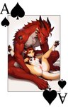 animal_ears anthro anus bodily_fluids breasts card dragon_tail dripping_pussy duo duo_focus fangs female fur genital_fluids genitals group hair horn interspecies larger_male long_hair looking_at_viewer lying male male/female medium_breasts multicolored_body muscular muscular_male nipples on_back playing_card poker pussy pussy_juice red_body red_fur red_hair simple_background sitting size_difference smile smiling_at_viewer spade spread_legs spreading yellow_eyes director_yeenashaven dragon furred_dragon absurd_res hi_res