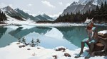anthro blue_body cloud drachenviech fur lake male mountains mythology plant scarf side_view sitting smile snow solo tail tree winter dragon furred_dragon mythological_creature mythological_scalie scalie full-length_portrait hi_res portrait wallpaper