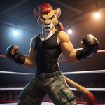 anthro arena bottomwear boxing camo camo_bottomwear camo_clothing camo_print clothing gloves hair handwear male mohawk pattern_bottomwear pattern_clothing ponytail solo sport jackson_maxston_(director) ajax_(jackson_maxston) felid lion mammal pantherine