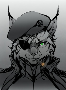 beret cigar clothed clothing eye_patch eyewear female fur green_eyes hair hat headgear headwear looking_at_viewer military simple_background smoking solo unknown_director metal_gear felid feline lynx mammal bust_portrait hi_res monochrome portrait