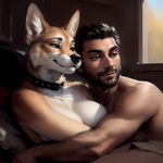 absurd_res anthro bed breasts canid canine canineluvr19 canis cleavage clothed clothing collar cuddling domestic_dog duo facial_hair female furniture hi_res human male mammal side_boob topless
