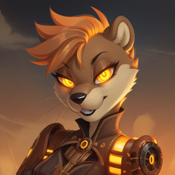anthro black_nose breasts brown_body brown_eyebrows brown_fur clothed clothing cloud cybernetics evening eyebrows female fur glowing glowing_eyes hair inner_ear_fluff jacket looking_at_viewer machine orange_eyes orange_hair outside solo steampunk tan_inner_ear_fluff teeth topwear tuft whiskers cow_of_fire cyborg lutrine mammal mustelid 1:1