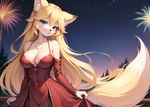 anthro ayegibarb blue_eyes canid canine clothing female fireworks fox mammal night_sky red_clothing solo yellow_body