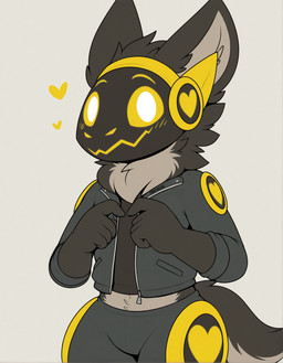 anthro big_eyes black_body black_bottomwear black_clothing black_fur black_jeans black_pants black_shirt black_topwear blush bottomwear clothing cybernetics denim denim_clothing expressive fur happy heart_symbol jacket jeans lights looking_at_viewer machine male monotone_background multicolored_body multicolored_fur pants pose protogen_visor shirt simple simple_background smile solo topwear tuft white_background yerticus mascot_2025 canid canine mammal protogen hi_res portrait three-quarter_portrait