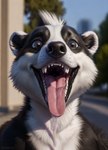 anthro badger black_body black_fur black_lips bodily_fluids brown_eyes dripping fur hi_res lips male mammal mephitid mouth_shot mustelid musteline open_mouth saliva saliva_drip saliva_string skunk solo stablexai teeth vore white_body white_fur