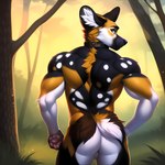 absurd_res african_wild_dog anthro balls bumblebee95 butt canid canine collar detailed_background fluffy fluffy_tail genitals hi_res looking_at_viewer male mammal muscular paws rear_view solo