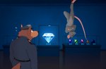animal_genitalia annoyed anthro arms_crossed balls belt black_belt black_nose brown_body brown_fur caught clothed_male clothing countershade_torso countershading diamond_(jewelry) duo floor frown fur gem genitals glass glass_display grey_body grey_fur guard hanging_from_ceiling hat headgear headwear inside looking_away male motion_lines museum navel nude nude_male pink_nose rat_tail red_eyes rope_around_ankle sheath snout surprise suspension thief uniform upside_down wide sawmill canid canine mammal murid murine rat rodent hi_res