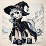 black_clothing blue_eyes cloak clothing female feral friendship_is_magic gem hasbro hat headgear headwear hoofes horn ice looking_at_viewer magic_user mountains plant smile snow snow_on_ground solo tree wizard_hat tyto4tme4l equid equine mammal my_little_pony unicorn hi_res