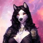 2022 absurd_res anthro armor black_hair breasts bust_portrait canid canine canis cleavage clothed clothing colorful detailed digital_media_(artwork) female fur hair half-length_portrait hi_res looking_at_viewer mammal portrait red_eyes rickwolfv solo white_body white_fur wolf yiffye18