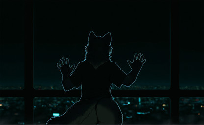 5_fingers against_surface backlighting bottomless butt city city_background cityscape clothed clothing fingers fur glass grey_body grey_fur hand_on_glass light looking_away male night on_glass outline rear_view shirt solo standing tail thong topwear underwear window otteranon canid canine canis mammal wolf hi_res lighting