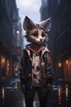 anthro bottomwear brown_eyes city city_background clothed clothing fluffy_ears fully_clothed fuzzy_logic hi_res hybrid jacket male open_clothing open_jacket open_topwear pants raining shirt solo street topwear