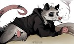 anthro balls black_sclera blue_eyes bottomless cigarette cigarette_in_mouth clothed clothing dark_eyes exhausted fur genitals hoodie lying male penis simple_background smoking solo text topwear sergalbutt american_opossum didelphid mammal marsupial virginia_opossum signature url