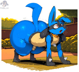 anatomically_correct anatomically_correct_genitalia animal_genitalia backyard balls big_butt bodily_fluids butt collar exercise femboy fur genitals huge_butt hyper hyper_butt male push-up sheath small_balls solo struggling sweat wide_hips doggyai nintendo pokemon generation_4_pokemon lucario pokemon_(species) hi_res