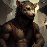 anthro athletic city city_background headshot_portrait kavka looking_at_viewer male mammal murid murine nipples portrait rat realistic rodent skaven solo