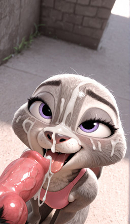 anthro bodily_fluids clothing crop_top cum cum_on_body cum_on_face cum_string duo ejaculation female first_person_view fur genital_fluids grey_body grey_fur kneeling looking_up male male/female purple_eyes shirt street topwear neural_bunny disney zootopia judy_hopps lagomorph leporid mammal rabbit hi_res