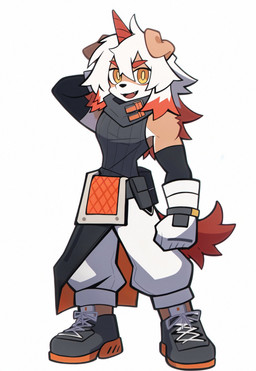 anthro bottomwear brown_body brown_fur clothing fur gloves hair handwear highlights_(coloring) horn male multicolored_hair open_mouth open_smile pants red_hair shirt simple_background smile smiling_at_viewer solo tail topwear two_tone_hair white_hair yellow_eyes g62848 arknights hung_(arknights) canid canine mammal hi_res