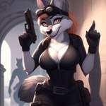 absurd_res anthro backpack belt big_breasts blurred_background bodysuit breasts canid canine canis chest_tuft cleavage clothed clothing eyewear eyewear_on_head female fluffy fluffy_tail fur gloves goggles goggles_on_head grey_body grey_fur gun hair handgun handwear hi_res mammal mrmystery pistol ranged_weapon red_hair short_sleeves skinsuit small_waist sneaking_suit tactical_gear tight_clothing tongue tuft weapon white_body white_fur wide_hips wolf zipper