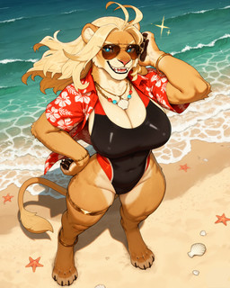 adjusting_hair ahoge aloha_shirt anklet anthro aviator_glasses beach big_breasts black_clothing blonde_hair blue_eyes bracelet breasts cleavage clothed clothing covered_nipples crotch_lines curvy_figure day eyelashes female floating gold_(metal) gold_jewelry hair hand_on_own_hip high-angle_view jewelry legband long_eyelashes looking_at_viewer multicolored_body muscular muscular_female navel necklace one-piece_swimsuit open_mouth pattern_clothing pattern_shirt pattern_topwear pawpads pupils red_clothing sand sea seashell seaside shell shell_necklace shirt shoreline smug solo sparkles spread_legs spreading standing summer swimwear tan_body teeth thick_arms thick_thighs thighband tongue topwear two_tone_body voluptuous water white_body white_pupils wide_hips burioth asterozoan echinoderm felid lion mammal marine pantherine starfish absurd_res full-length_portrait hi_res portrait