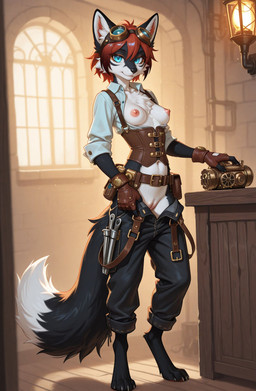 anthro black_body black_fur blue_eyes breasts clothing female fur genitals hair nipples nude presenting pussy red_hair small_breasts smile solo steampunk white_body white_fur ft-27 canid canine fox mammal hi_res