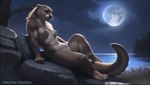 absurd_res anthro breasts brown_body brown_fur exposed_breasts female fur hi_res kiran lake laying lutrine mammal moon mustelid nipples seductive solo