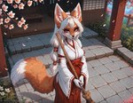 anthro broom cherry_blossom cherry_blossom_tree cherry_tree cleaning_tool clothing female floor fruit_tree fur hair holding_object looking_at_viewer petals plant red_eyes shrine solo standing tree white_body anotherneko canid canine fox mammal hi_res