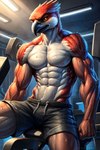 abs anthro athletic beak biceps bodily_fluids body_hair bottomwear clothing deltoids exercise feathers gym happy_trail looking_at_viewer male muscular muscular_anthro muscular_male navel neck_muscles nipples pecs ripped_muscles shorts solo spread_legs spreading sweat triceps veiny_muscles workout birdovo avian bird falcon falconid hi_res