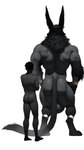 anklet anthro backsack balls big_balls bracelet duo fluffy genitals gold_(metal) gold_jewelry huge_balls jewelry lineup long_ears male male/male mane muscular neck_tuft rear_view simple_background size_difference tail tuft white_background youssefalsuccjeeda avian gryphon human mammal mythological_avian absurd_res hi_res