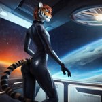 anthro bodysuit butt clothing felid hair hi_res leather male mammal pantherine planet red_hair science_fiction skinsuit solo space star tail tiger tight_clothing