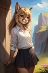 blonde_hair bottomwear brown_eyes clothing female fur grey_bottomwear grey_clothing grey_skirt hair pink_nose school_uniform skirt smile solo student tan_body tan_fur uniform white_blouse mindry tabby_(mindry) cougar felid feline mammal