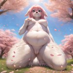 anthro black_nose blush breasts canid canine cherry_blossom female fox fur genitals hair hi_res kneeling looking_at_viewer low-angle_view mammal navel nipples nude outside pink_hair plant presenting pussy slightly_chubby smile solo traialas white_body white_fur