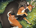 anthro antlers arm_around_waist brown_body duo embrace eyes_closed flower from_behind_position grass grey_body horn hug hugging_from_behind licking looking_pleasured lying male male/male muscular neck_grab neck_lick on_side outside plant sex slim spoon_position spooning spots tongue tongue_out two-tone_body white_spots picometer canid canine canis cervid mammal wolf