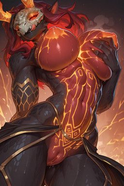 abs anthro arched_back belly_tattoo big_breasts black_body black_lips black_scales breasts clothed clothing deep_skin female genitals glowing glowing_eyes grabbing_own_breast hair head_tilt highlights_(coloring) horn lava licking licking_lips lips looking_at_viewer low-angle_view markings mask mythology navel plump_labia puffy_lips pussy red_body red_hair scales skimpy skull_mask solo spikes spikes_(anatomy) steaming_body straps tattoo tongue tongue_out two-tone_body kotcfacu_(director) fan_character dragon mythological_creature mythological_scalie scalie hi_res