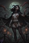 anthro breasts candle cloak clothing female fur garter_belt garter_straps genitals hair horn legwear moon nipples nude pussy solo stockings tentacles tuft white_body gren_art bovid caprine goat mammal absurd_res hi_res