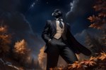 anthro autumn black_body black_clothing clothed clothing formal_clothing fully_clothed looking_at_viewer looking_down low-angle_view male night solo solo_focus yalonip avian bird corvid corvus_(genus) oscine passerine raven hi_res