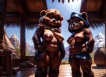 anthro black_nose bottomwear bottomwear_aside breasts brown_body brown_fur clothing clothing_aside duo ewok female fur genitals hood inside loincloth loincloth_aside looking_at_viewer mammal marcus64 mature_female nature nature_background nipples pink_nipples pussy sagging_breasts smile standing star_wars tribal