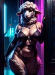 anthro bar black_clothing bovid bra breasts caprine clothing colored_nails cyberpunk domestic_sheep female fur gloves handwear hi_res legwear lingerie lips looking_at_viewer mammal marcus64 marcus_(disambiguation) nails navel panties sheep solo standing thigh_highs underwear waitress white_body white_fur wool_(fur)