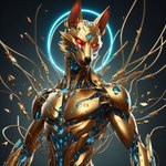 anthro bing_image_creator celestial_body cybernetic_limb cybernetics dall-e_3 evolution_(transformation) glowing glowing_eyes gold_(metal) gold_body halo machine male photorealistic red_eyes science_fiction simple_background solo transformation goldanthrowolf trigem canid canine canis cyborg luphra'nite mammal robot wolf