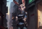 anthro belt city city_background clothing crossed_arms ears_up female looking_at_viewer outside police_uniform smile solo topwear uniform vest zootopia hank94_(director) judy_hopps lagomorph leporid mammal rabbit hi_res