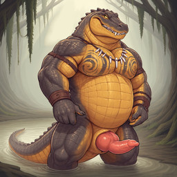animal_genitalia animal_penis anthro anus aroused belly belly_scales biceps big_knot bodypaint bracelet claws crocodilian_penis dominant dominant_male erection evil_grin fog genital_slit genitals grey_body grey_scales grin jewelry knot leather leather_straps looking_aside looking_away male moss multicolored_body multicolored_scales musclegut muscular muscular_male necklace partially_submerged partially_submerged_legs pecs penis plant pupils scales sharp_teeth slightly_chubby slightly_chubby_male slit slit_pupils smile snarling solo standing standing_in_water swamp tail_anus teeth thick_neck tree tribal tribal_jewelry tribal_necklace two_tone_body two_tone_scales water yellow_body yellow_scales yellow_sclera hammapajamma alligator alligatorid crocodilian reptile scalie hi_res portrait story story_in_description three-quarter_portrait