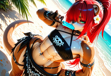 anthro beach_background bikini clothing femboy green_eyes hair male ponytail red_hair sarong solo swimwear mammal mustelid otter