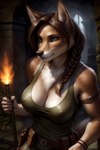 absurd_res anthro armband belt braided_hair breasts brown_hair canid canine canineluvr19 canis chest_tuft cleavage clothed clothing coyote female fire hair hi_res laura_croft_(tomb_raider) long_hair mammal nipple_outline seductive shirt shoulder_tuft solo solo_focus tank_top topwear torch tuft whiskers