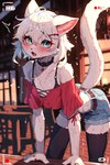 anthro black_clothing black_legwear blue_eyes blush bottomwear bra clothing collar cutoffs denim denim_clothing female fur furniture legwear recording ring_(jewelry) shorts solo solo_focus table tavern underwear white_body white_fur inaire777 felid feline mammal hi_res