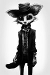 ambiguous_species anthro big_ears big_eyes black_and_white bottomwear bowtie clothed clothing fully_clothed fuzzy_logic hat headgear headwear hi_res male monochrome simple_background slim smile solo suit topwear white_background