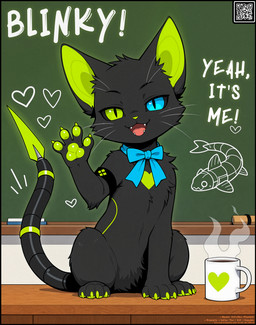 4_fingers 4_toes armband black_armband black_body black_fur blade blue_bow blue_eyes bow_ribbon chalkboard coffee_mug cute_fangs cybernetics feet feral fingers fur fur_tuft furniture gesture glowing glowing_pawpads green_ears green_eyes green_markings green_pawpads heterochromia looking_at_viewer machine male markings open_mouth pawpads robotic_tail sitting solo table tail_blade text toes tuft waving weapon_tail whiskers the_yiff_republic blinky_(the_yiff_republic) cyborg domestic_cat felid feline felis mammal absurd_res director_name english_text hi_res qr_code