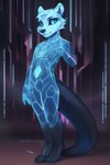 ambiguous_gender anthro blue_body blue_eyes hologram lutrine mammal mustelid prompt solo translucent translucent_body voidfly_(director)