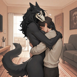 anthro black_body black_fur black_hair bone bottomwear breasts breath clothed clothed/nude clothed_male_nude_female clothing duo embrace empty_eyes eyes_closed female female_on_human fur furniture hair hand_on_head hug inside larger_anthro larger_female long_hair male male/female medium_breasts nude pants short_hair size_difference skull skull_head smaller_human smaller_male sofa standing sweater topwear white_eyes unknown_director scp-1471 scp-1471-a canid canine canis human humanoid mammal monster wolf