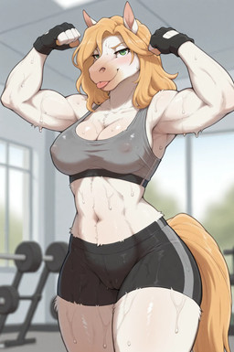 anthro belly blonde_hair blush bodily_fluids bottomwear breasts camel_toe chest_tuft clothing day female fingerless_gloves flexing flexing_bicep flexing_biceps flexing_both_biceps gloves green_eyes gym gym_bottomwear gym_clothing gym_shorts gym_topwear hair handwear inside long_hair medium_breasts muscular muscular_female navel nipple_outline raised_arms shirt shorts slim_body smile smug smug_face smug_look solo standing sweat sweaty_body tank_top thick_thighs tongue tongue_out topwear tuft wide_hips chamir136_(director) equid equine horse humanoid mammal hi_res