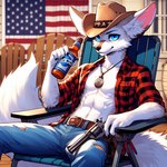 alcohol anthro beer belt beverage blue_eyes bottle canid canine chair clothed clothing detailed_background fennec fox fur furniture gun holding_bottle holding_gun holding_object holding_weapon jewelry lucifluffy male mammal necklace open_clothing open_shirt open_topwear ranged_weapon shirt sitting solo stars_and_stripes topwear united_states_of_america weapon white_body white_fur wilek