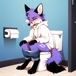 anthro bathroom black_body black_fur blush blush_lines bottomwear bottomwear_down clothed clothing digitigrade eyes_closed fur hoodie male pants pants_down partially_clothed purple_body purple_fur sitting_on_toilet solo solo_focus toilet_paper toilet_use topwear white_body white_fur bathroomanimals canid canine fox mammal absurd_res hi_res