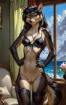 anthro bottomless bra clothed clothing female genitals hands_on_hips legwear lingerie pussy smile solo standing stockings underwear denis0k canid canine canis mammal wolf hi_res